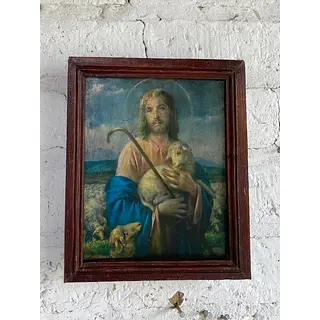 Jesús El Buen Pastor Cuadro Rústico - Colombia 1950
