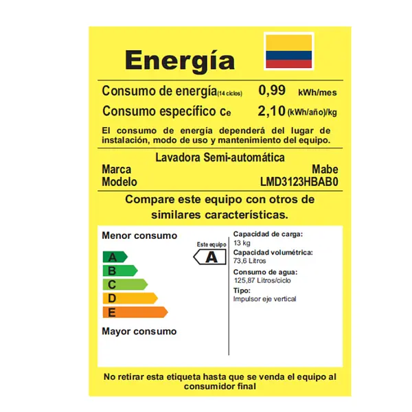 Lavadora Semiautomática 13 Kg Blanca Mabe