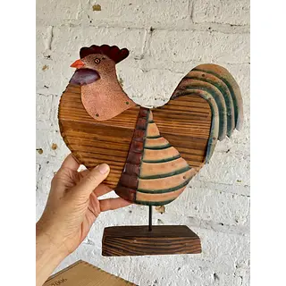 Figura De Gallo Rústico De Madera Y Metal