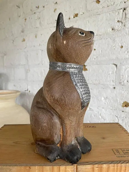 Gato Tallado En Madera - India 1990