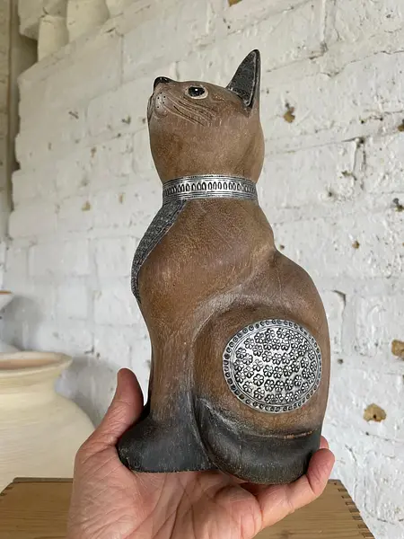 Gato Tallado En Madera - India 1990