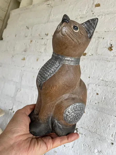 Gato Tallado En Madera - India 1990