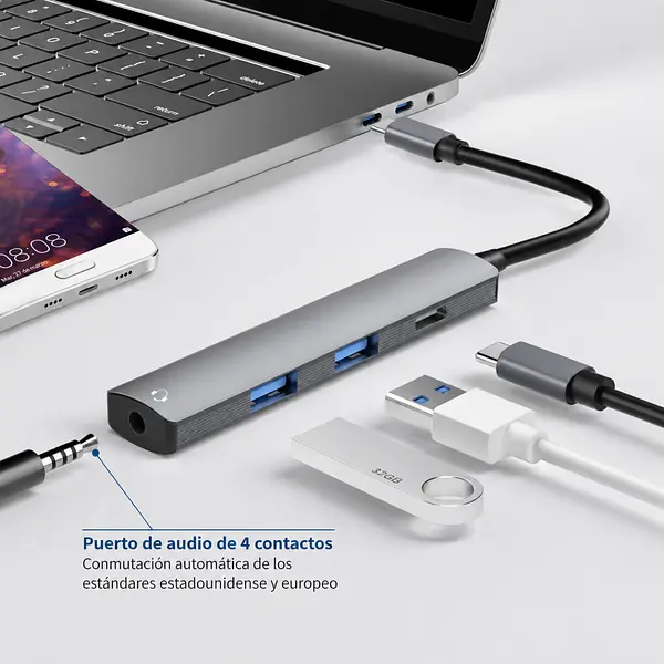 Hub 2 Puertos Usb Con Tipo C Y Plug 3.5 Mm