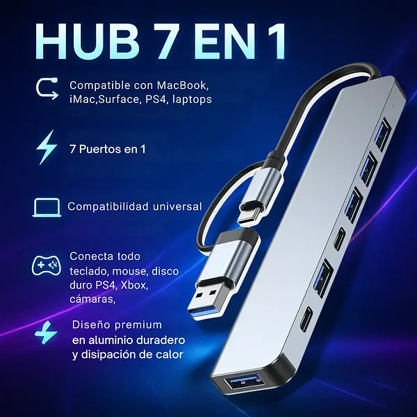 Hub 2 En 1 Usb - C 7 Puertos Usb 2.0 - 3.0 Type C