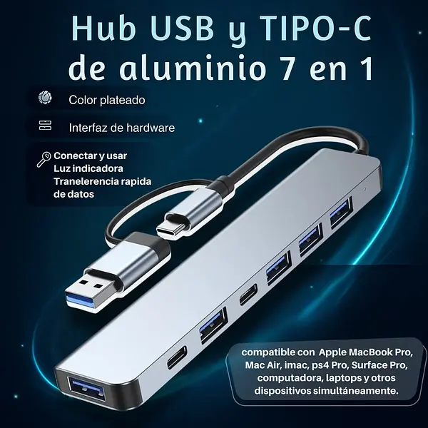 Hub 2 En 1 Usb - C 7 Puertos Usb 2.0 - 3.0 Type C