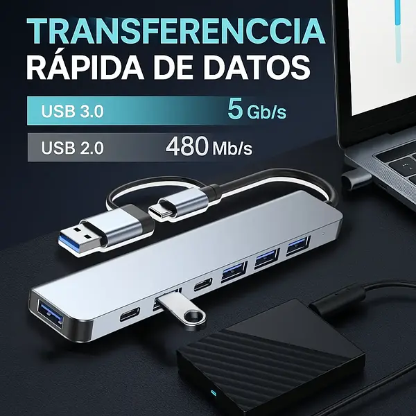 Hub 2 En 1 Usb - C 7 Puertos Usb 2.0 - 3.0 Type C