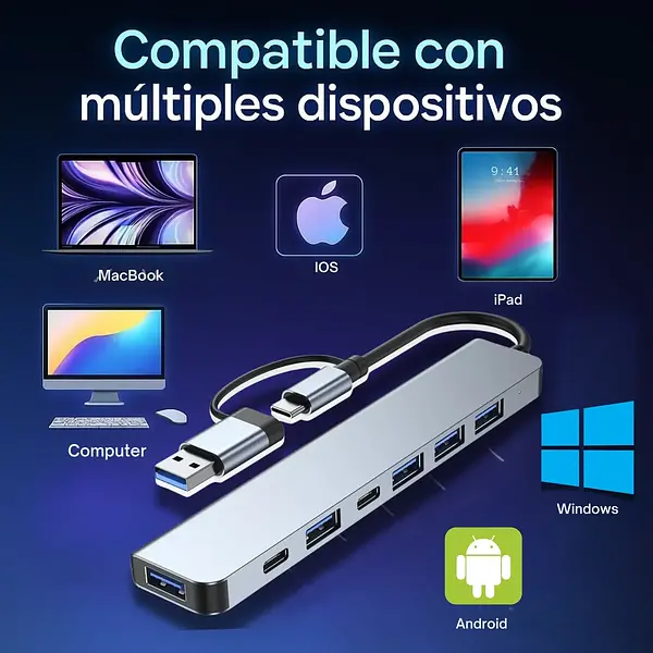 Hub 2 En 1 Usb - C 7 Puertos Usb 2.0 - 3.0 Type C
