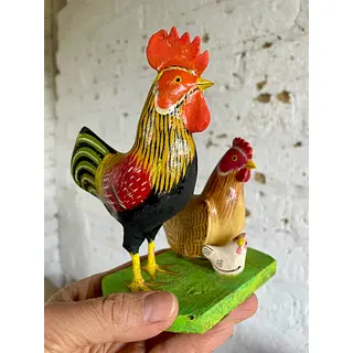 Gallo Y Gallina Tallados En Madera -India 1995