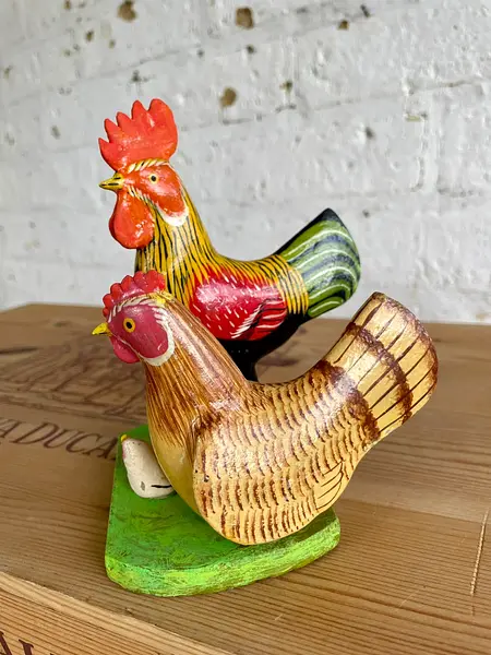 Gallo Y Gallina Tallados En Madera -India 1995