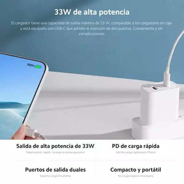 Cargador Pared Xiaomi Carga Rápida 33w Doble / Usb A + Usb C